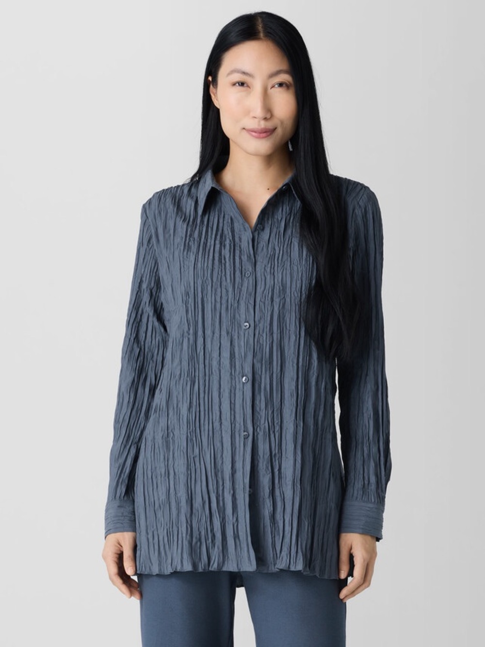 EILEEN FISHER 100% Silk Eclipse Blue Crinkle "Habutai" Classic Shirt. XS P2P 17”